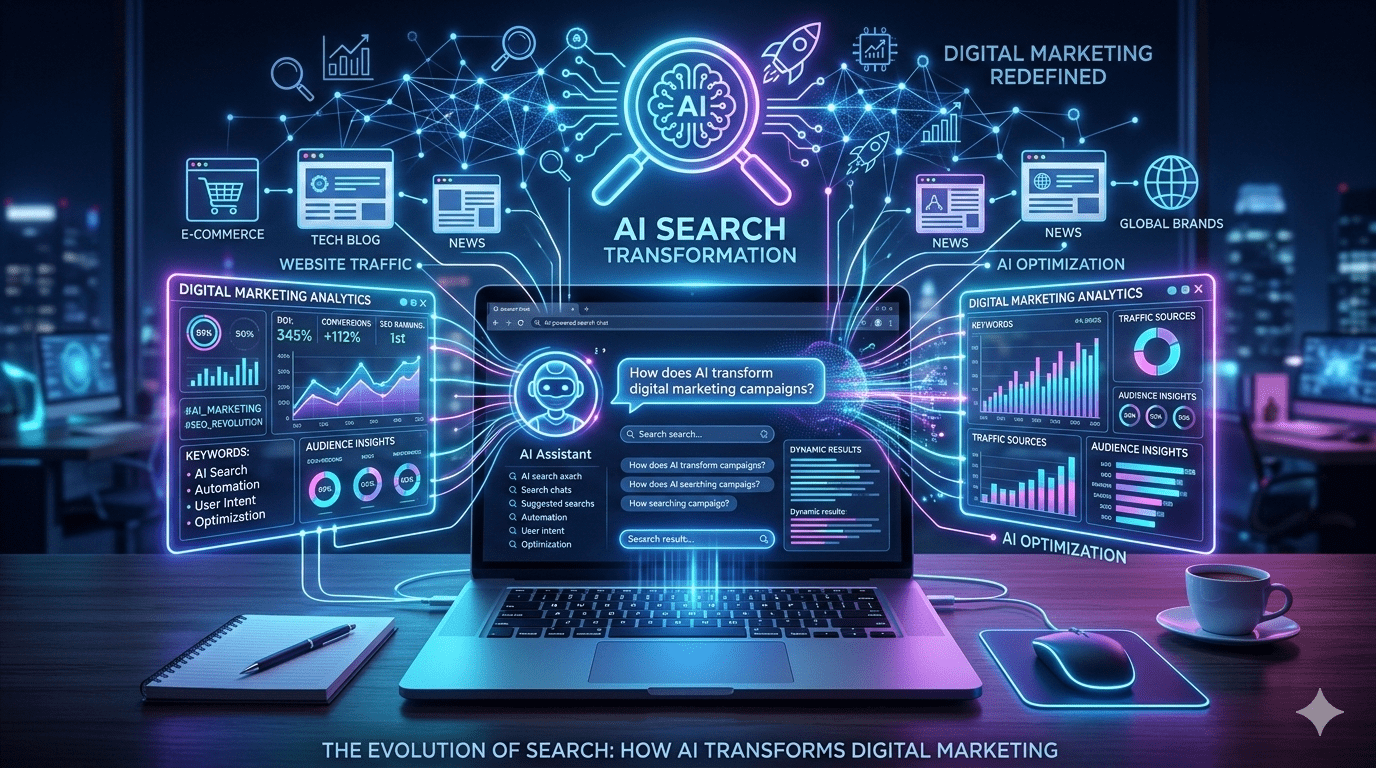 AI search technology transforming digital marketing with analytics dashboards, AI assistant interface, and website traffic insights on a laptop.