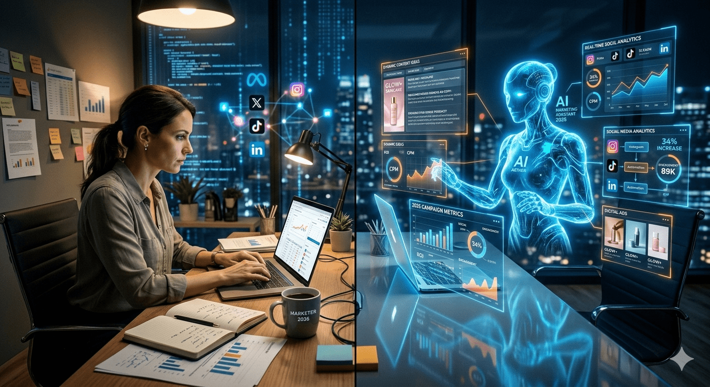 Is AI Killing Traditional Digital Marketing in 2026 concept image showing a traditional digital marketer working on a laptop on one side and an AI marketing assistant hologram with analytics, automation dashboards, and social media data on the other side in a futuristic office.
