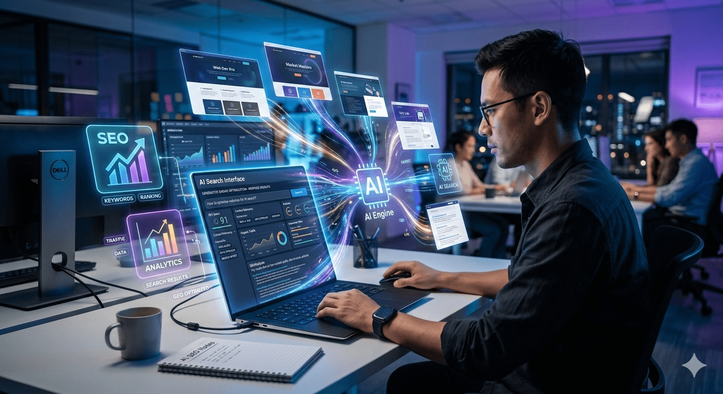 Digital marketing professional optimizing website for AI search and SEO analytics using Generative Engine Optimization strategies on a laptop.