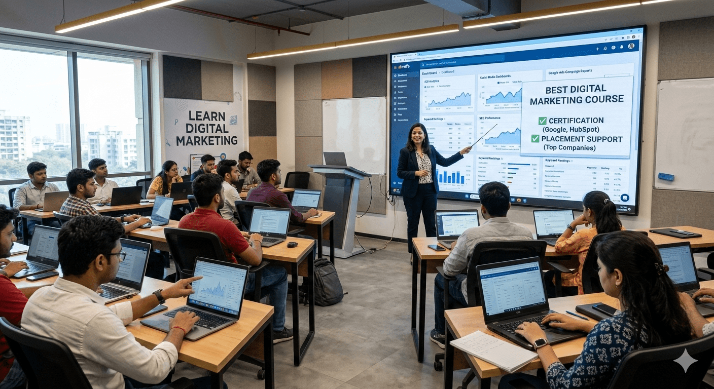 Instructor teaching students in a modern classroom during the best digital marketing course in India with certification and placement support, showing SEO analytics and Google Ads reports on a large screen while students work on laptops.