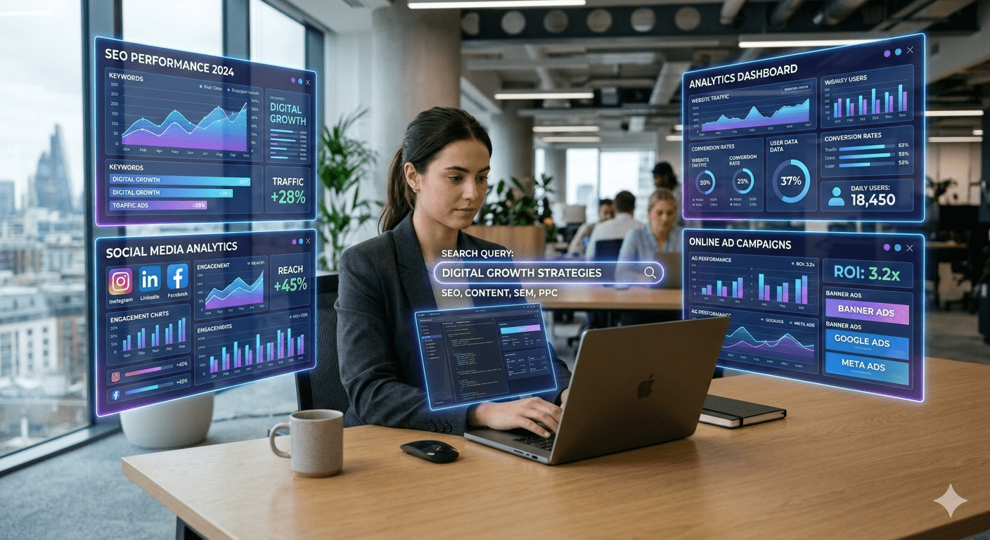 Professional working on a laptop in a modern office with holographic SEO, social media, and analytics dashboards, representing digital marketing strategy and online business growth.